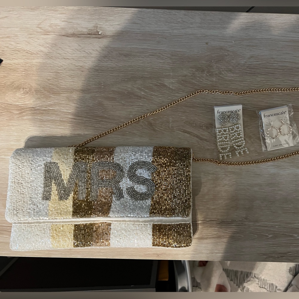 MRS purse and BRIDE earrings